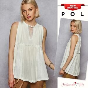 POL Lace Trim Pintuck Detail Round Neckline Tie Back Loose Fit Tank Top | White